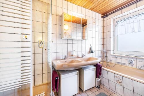 a bathroom with a sink and a mirror at Hund und Kind Appartment in Oberndorf am Neckar