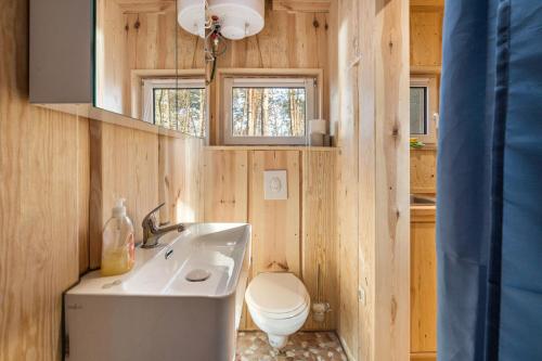 a bathroom with a sink and a toilet at Bungalow 7 - Anglerinsel in Kollm