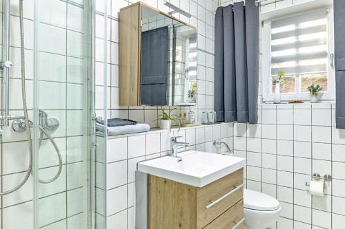 a bathroom with a sink and a shower and a toilet at Angie's Ferienapartment Thermalbad in Bad Staffelstein