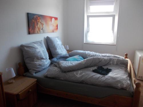 a couch with a cat laying on it in a room at Ferienwohnung Neubert in Eibenstock