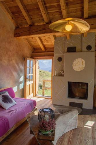 a living room with a couch and a fireplace at Chalet Panorama Res Albert in San Guglielmo