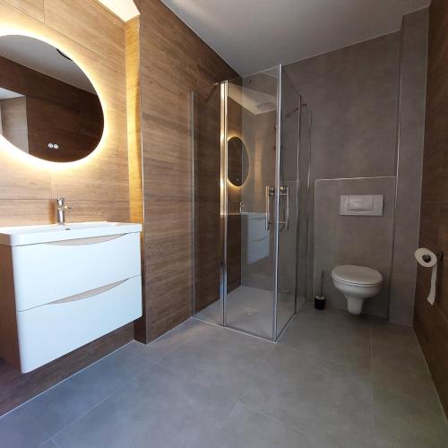 a bathroom with a shower and a sink and a toilet at Haus Moselliebe Komfortzimmer in Ediger-Eller