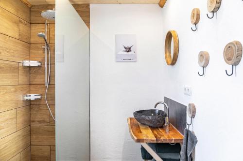 a bathroom with a sink and a shower at Haus Glückswiese in Großhartberg
