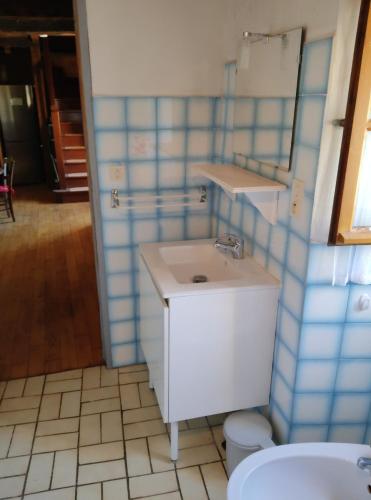 a bathroom with a sink and a mirror and a toilet at Maison Quercynoise in Corn