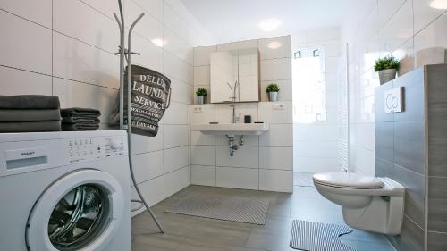 a bathroom with a washing machine and a toilet at Apartment by Janzen -E- in Rheine
