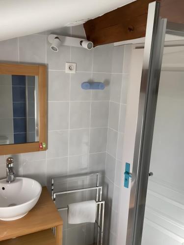 a bathroom with a sink and a mirror at Gite Le Calcadis in Mostuéjouls