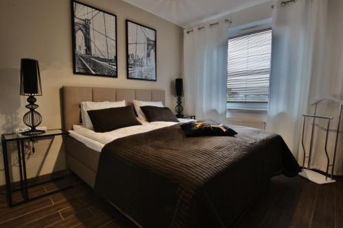 a bedroom with a large bed and a window at Apartamenty Bohaterów Kragujewca 6 in Bydgoszcz