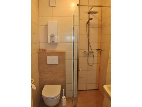 a small bathroom with a toilet and a shower at Sonnenalm - Ferienwohnung in Reith