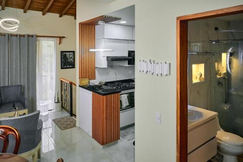 a kitchen and a bathroom with a sink and a toilet at Pacohouse, Apartamento cerca al parque in Jardin