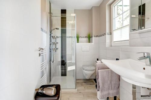 a bathroom with a shower and a sink and a toilet at Feriendoppelhaus Sommer in Stakendorf
