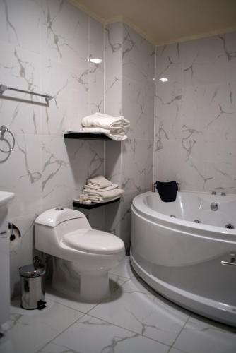 a white bathroom with a toilet and a bath tub at Hotel y Cabañas Pulegan in Porvenir