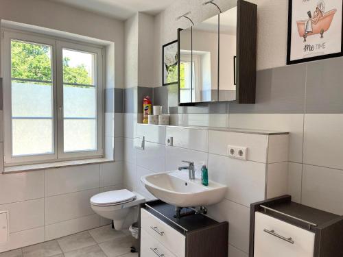 a white bathroom with a toilet and a sink at Frisch freche 3 R Ferienwohnung in Dohna