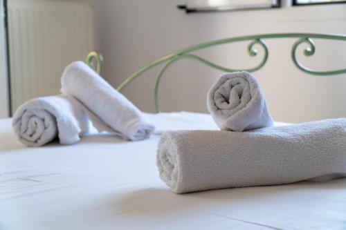 two towels sitting on top of a bed at Captain Spiros Paxoi in Gaios