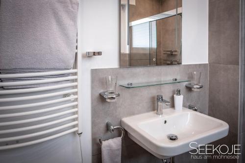a bathroom with a sink and a mirror and a shower at Seekoje - Haus Am Möhnesee in Möhnesee
