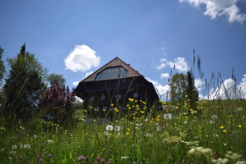a barn in a field of grass with flowers at Haus Winterberg in Schonach