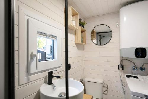 a small bathroom with a sink and a mirror at Tiny House Nr 4 in Schwielowsee
