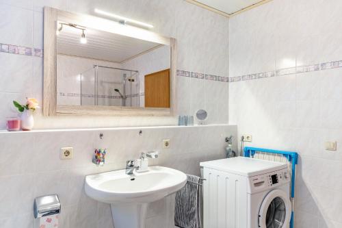 a bathroom with a sink and a mirror and a washing machine at Ferienwohnung 'Kraichgau-Nest' in Reichartshausen