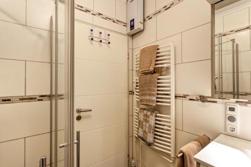 a bathroom with a shower and a sink at Ferienwohnung Bergidyll in Schmallenberg