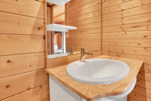 a bathroom with a white sink and wooden walls at Joli Chalet en bois mésange bleu in Roquebrune-sur-Argens
