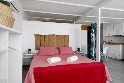 a bedroom with a large red bed with two pillows at Loft Amanecer in Mácher