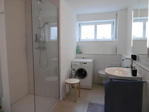a bathroom with a shower and a sink and a washing machine at Schlößleweg 2a in Bodman-Ludwigshafen