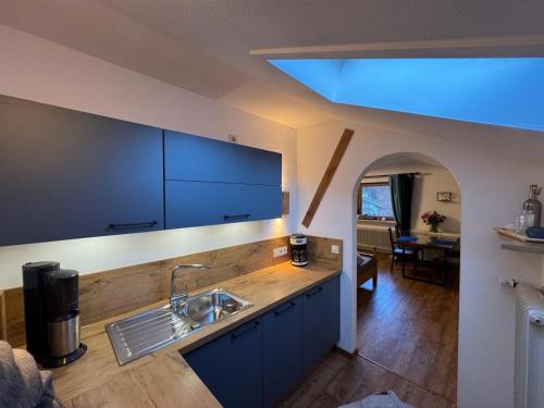 a kitchen with blue cabinets and a sink at Aschaubichl - Wohnung Narzisse in Grainau