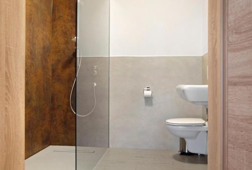 a bathroom with a toilet and a glass shower at Kornblume in Unterwittighausen