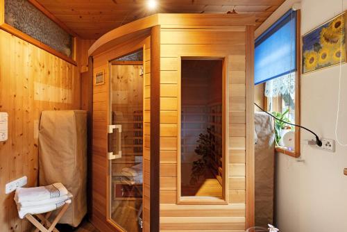 a shower in a room with wooden walls at Haus Vögel in Sibratsgfäll