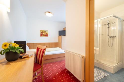 ein Zimmer mit Schreibtisch und ein Badezimmer mit Dusche in der Unterkunft Passerblick in Dorf Tirol