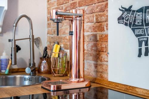 a copper mixer on a kitchen counter next to a sink at Koogbutze in Wesselburenerkoog