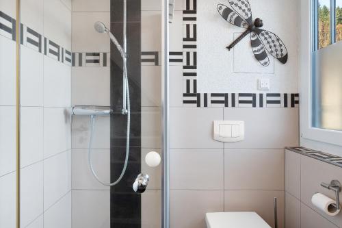 a bathroom with a shower and a toilet at Ferienwohnungen Steiert in Freiburg im Breisgau