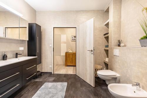 a bathroom with a toilet and a sink at Für Traufgängerle in Albstadt
