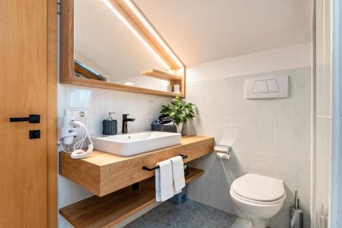 a bathroom with a sink and a toilet at Zunerhof Studio Fenn in Longostagno