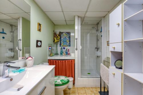 a bathroom with a sink and a toilet and a shower at Location Fontaine de Sarac in Clermont-lʼHérault