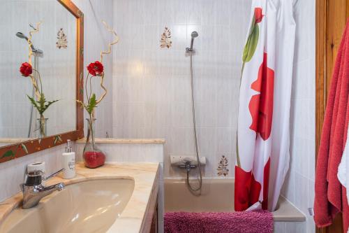 a bathroom with a sink and a shower with a mirror at Can Mussol in Sant Hilari Sacalm
