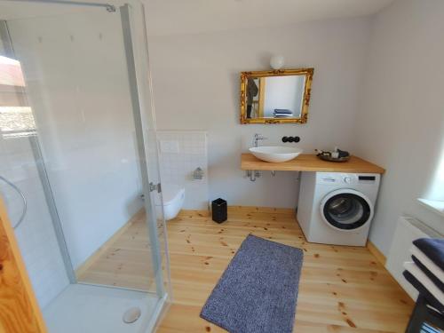 a bathroom with a sink and a washing machine at Ferienhaus Melkerhaus in Neetzendorf
