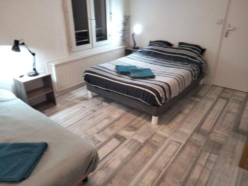 a bedroom with two beds and a wooden floor at Maison au 19 in Bourges