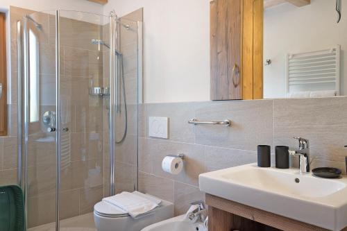a bathroom with a toilet and a sink and a shower at Schererhof Morgenrot in Castelrotto