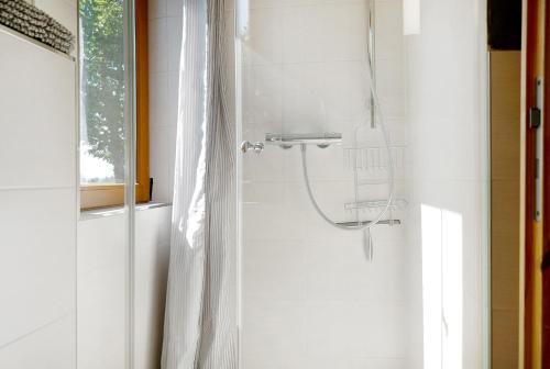 a bathroom with a shower with a shower curtain at Ferienwohnung Lisa in Behrensdorf
