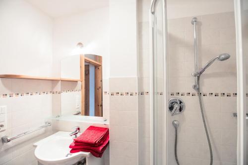 a white bathroom with a shower and a sink at Kaserhof in Soprabolzano