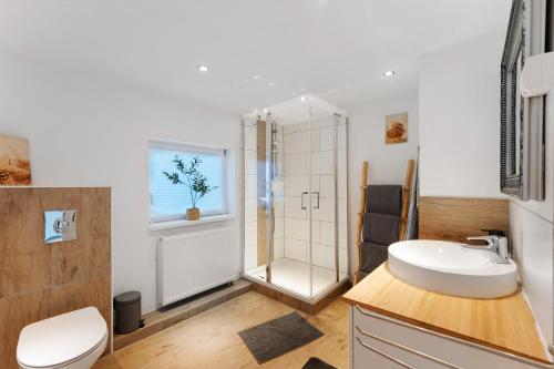 a bathroom with a sink and a shower and a toilet at Küstenliebe-Fehmarn in Fehmarn