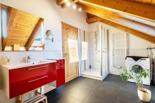 a bathroom with a sink and a washing machine at Blockhaus - Ferienwohnung Sunrise in Erdmannsdorf