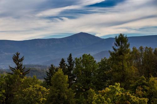 a mountain in the distance with trees in the foreground at Mercure Jelenia Góra in Jelenia Góra