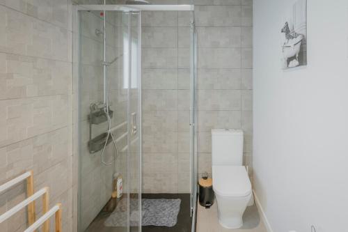 a bathroom with a glass shower with a toilet at Casa La Isi in Rades de Abajo