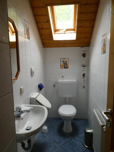 a bathroom with a toilet and a sink and a window at Ferienwohnung Geistalblick in Neuenstein