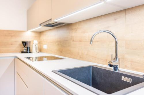 a kitchen with a sink and a faucet at Appartement Rosa Seis in Kastelruth