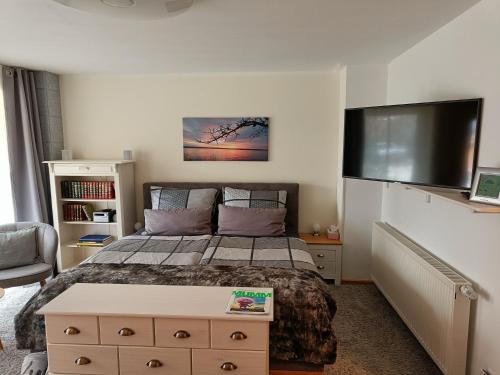 a bedroom with a bed and a flat screen tv at Apartment Casa Gina in Stockach