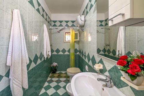 a bathroom with a sink and a toilet with red roses at White Sand Private Villa in Torre Squillace