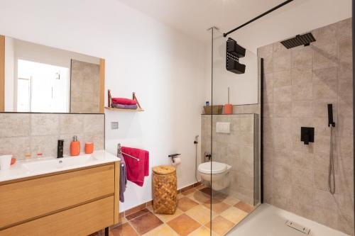 a bathroom with a shower and a toilet at A Casa Assulanata Cinto in Santa-Reparata-di-Balagna