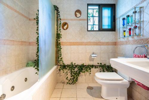 a bathroom with a toilet and a tub and a sink at Villa La bicicleta azul in Málaga